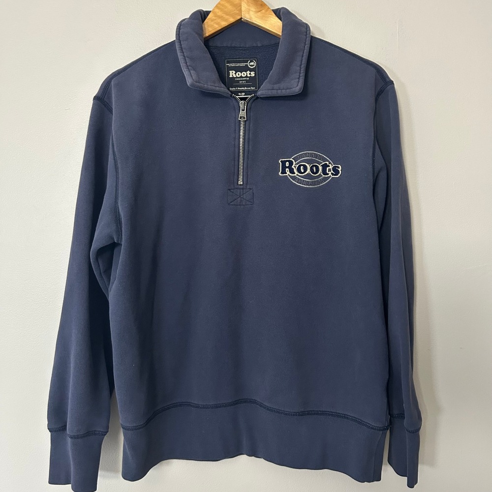 Roots Sweatshirt Mens Small Navy‎ Blue 1/4 Zip Pullover Canada Athletics VTG